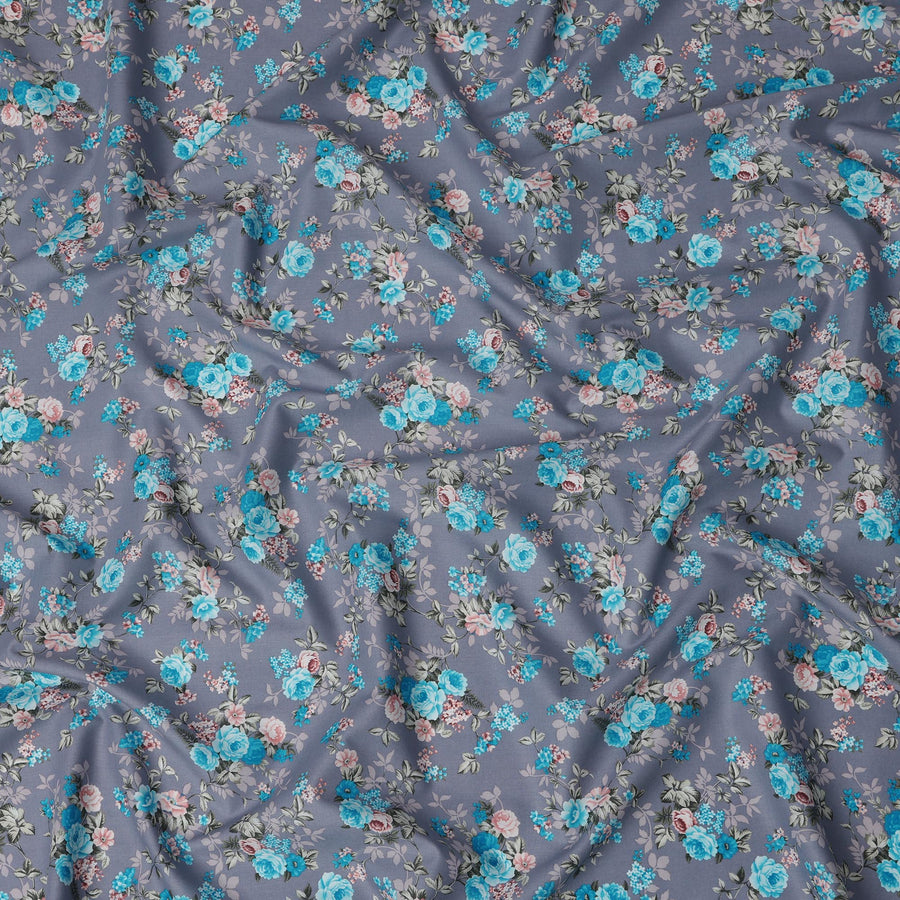 Grey and Blue Floral Pure Cotton Printed Fabric – Width 110 cm-D21789