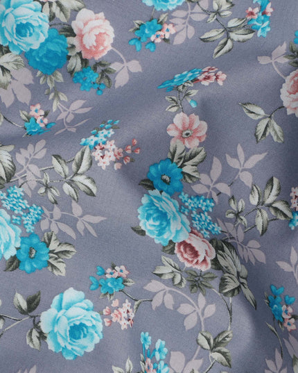 Grey and Blue Floral Pure Cotton Printed Fabric – Width 110 cm-D21789