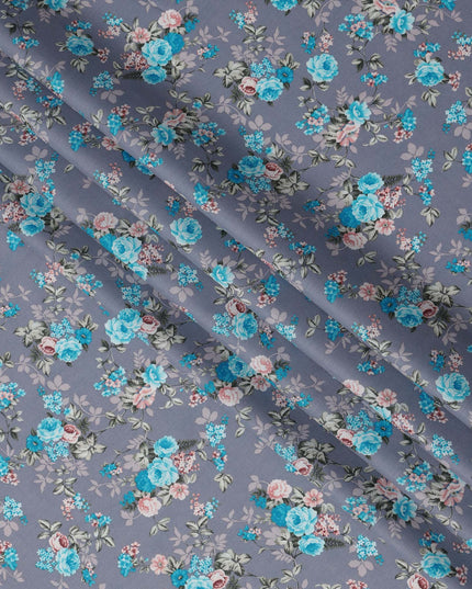 Grey and Blue Floral Pure Cotton Printed Fabric – Width 110 cm-D21789