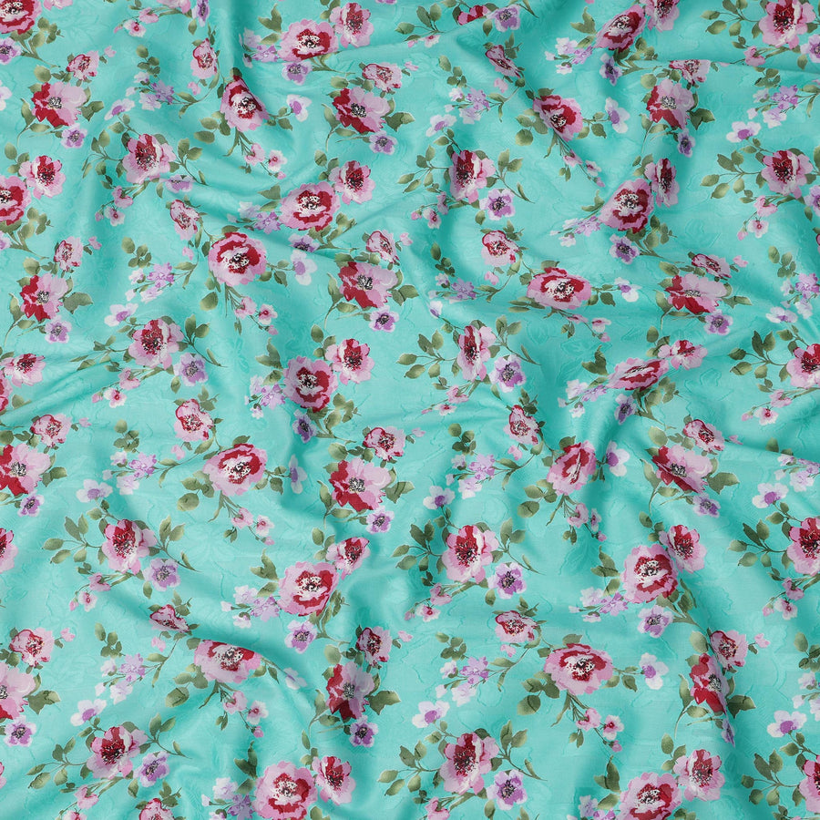 Turquoise and Pink Floral Uragiri Cotton Voile Fabric with Jacquard – Width 110 cm-D21796