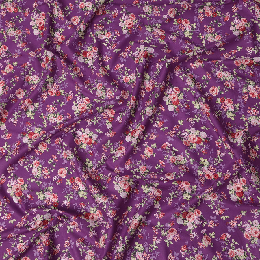قماش قطني خالص مطبوع عليه زهور باللونين الأرجواني والوردي - عرض 110 سم - D21813