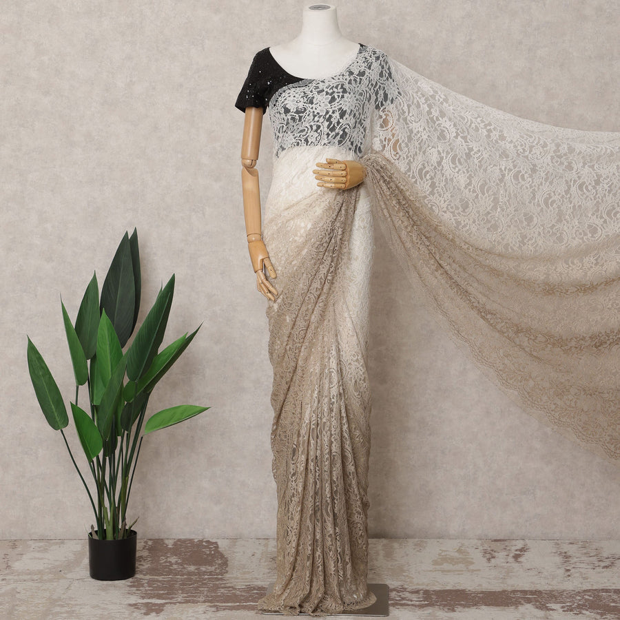 Beige and Ivory Ombre French Chantilly Lace Saree, 5.5 Meters, 110 cm Wide-D21814