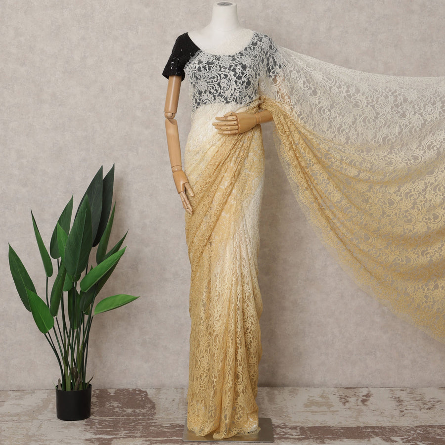 Gold and Ivory Ombre French Chantilly Lace Saree, 5.5 Meters, 110 cm Wide-D21815