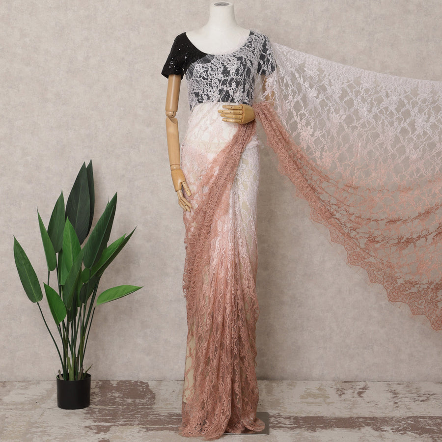 Light Peach and White Ombre French Chantilly Lace Saree, 5.5 Meters, 110 cm Wide-D21817