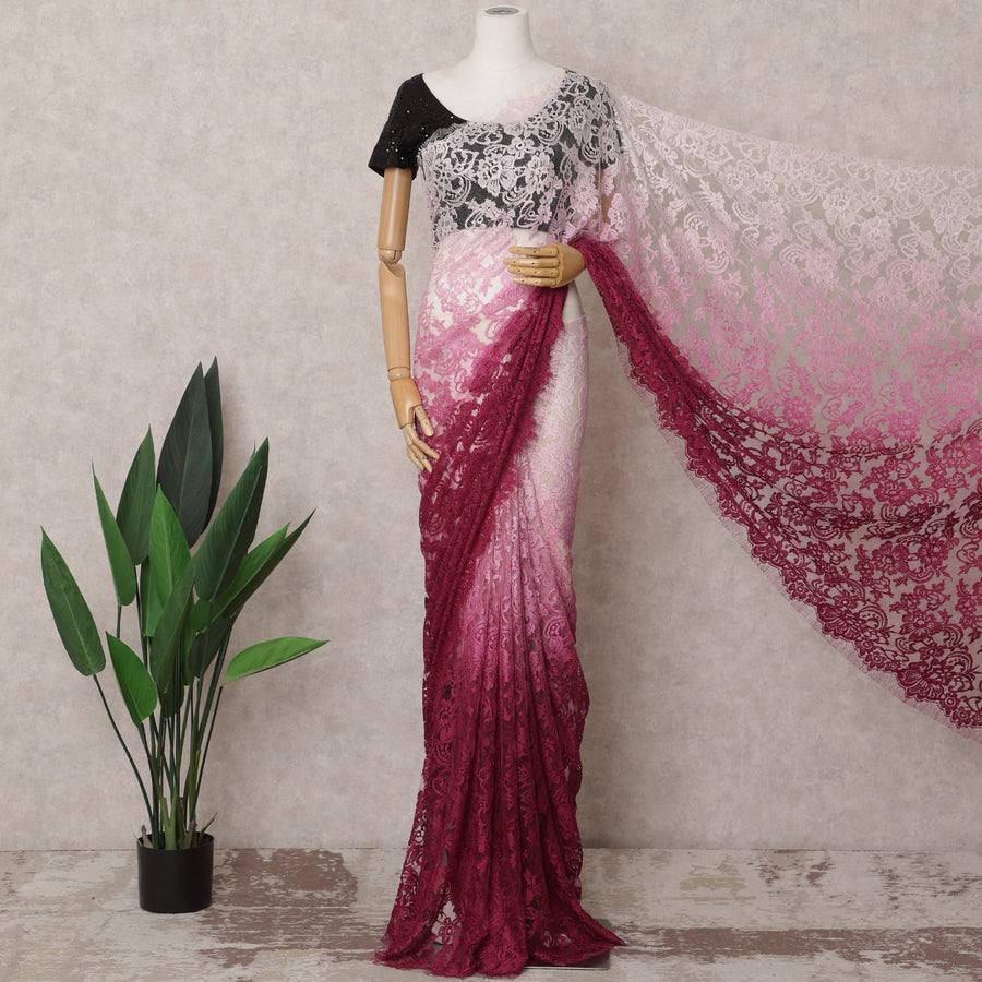 Pink Ombre French Chantilly Lace Saree, 5.5 Meters, 110 cm Wide-D21818
