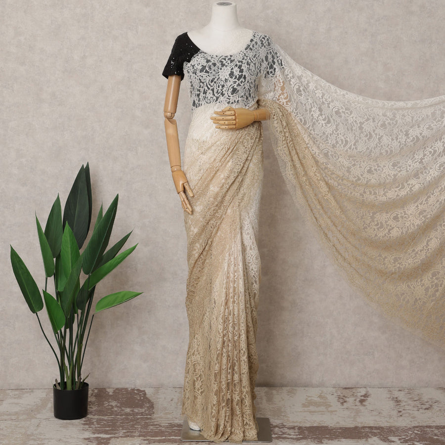 Champagne and Ivory Ombre French Chantilly Lace Saree, 5.5 Meters, 110 cm Wide-D21819