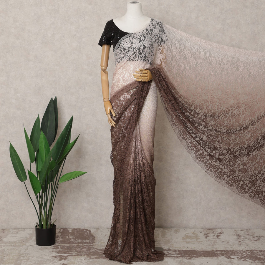 Chocolate Brown and Blush Pink Ombre French Chantilly Lace Saree, 5.5 Meters, 110 cm Wide-D21820