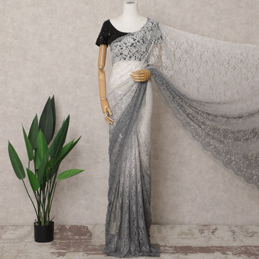 Grey and White Ombre French Chantilly Lace Saree, 5.5 Meters, 110 cm Wide-D21821