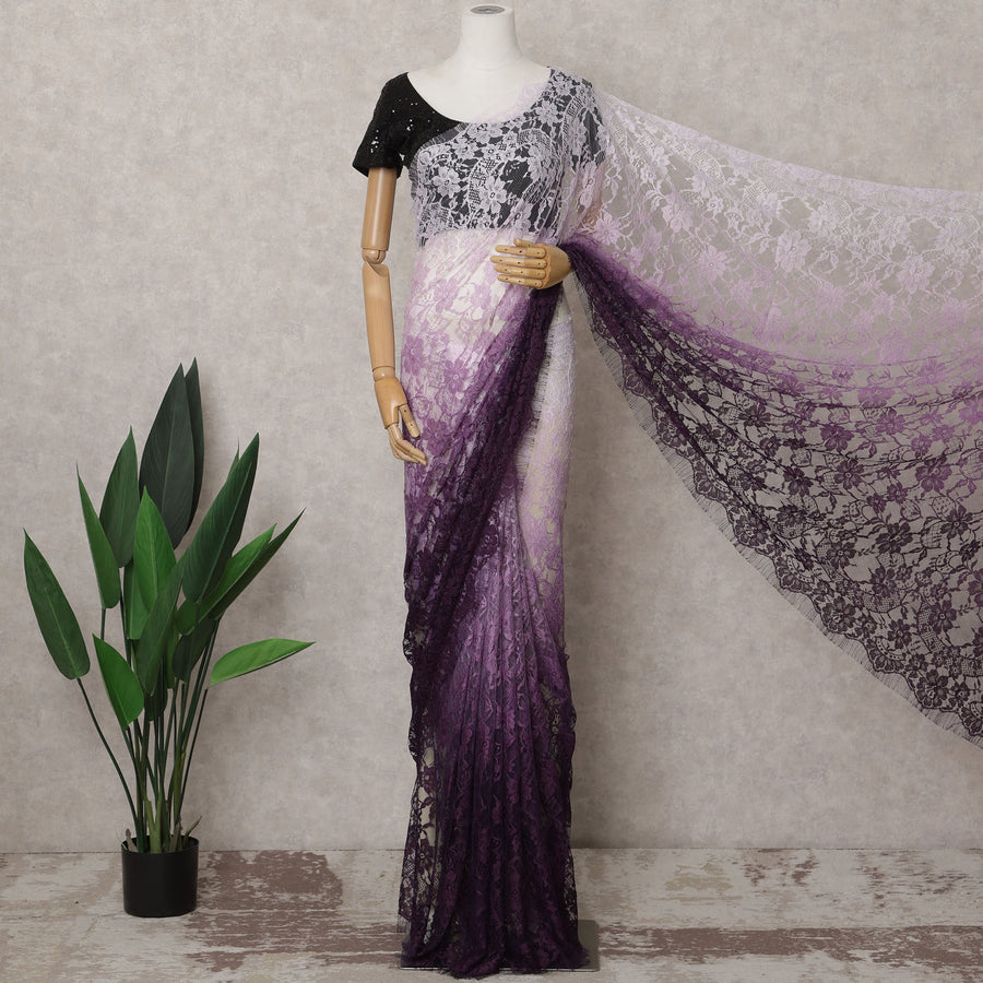 Purple and Lilac Ombre French Chantilly Lace Saree, 5.5 Meters, 110 cm Wide-D21822