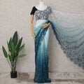 Teal Blue and Aqua Ombre French Chantilly Lace Saree, 5.5 Meters, 110 cm Wide-D21823
