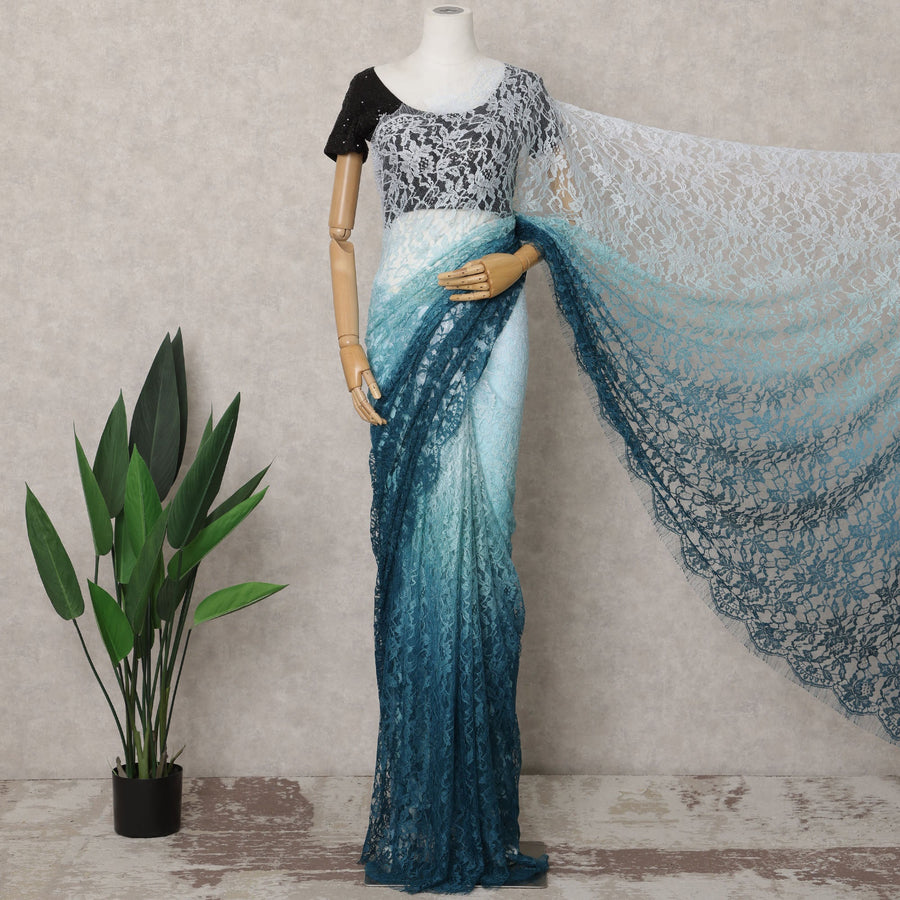 Teal Blue and Aqua Ombre French Chantilly Lace Saree, 5.5 Meters, 110 cm Wide-D21823