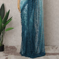 Teal Blue and Aqua Ombre French Chantilly Lace Saree, 5.5 Meters, 110 cm Wide-D21823