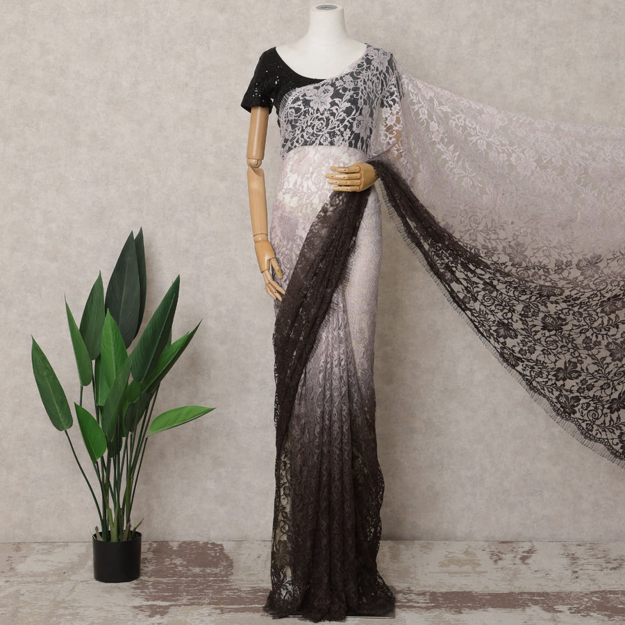 Mocha Brown and Light Pink Ombre French Chantilly Lace Saree, 5.5 Meters, 110 cm Wide-D21824