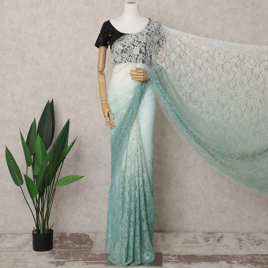 ساري شانتيلي فرنسي من قماش أومبري باللونين الأخضر والأبيض من Seafoam، 5.5 متر، عرض 110 سم - D21826