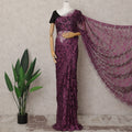 Plum and Black Two-Tone French Chantilly Lace Saree, 5.5 Meters, 110 cm Wide-D21828