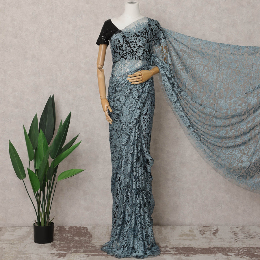 Steel Blue and Black Two-Tone French Chantilly Lace Saree, 5.5 Meters, 110 cm Wide-D21832 Regal Fabrics