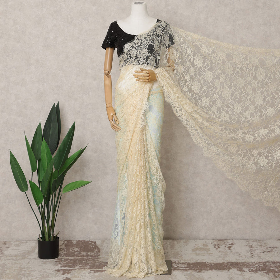 ساري فرنسي كريمي من الدانتيل الشانتيلي، 5.5 متر، عرض 110 سم - D21834