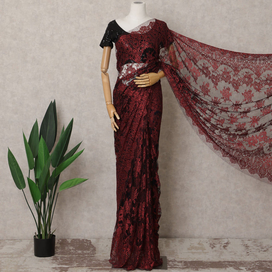 Deep Red French Metallic Chantilly Lace Saree, 5.5 Meters, 110 cm Wide-D21838