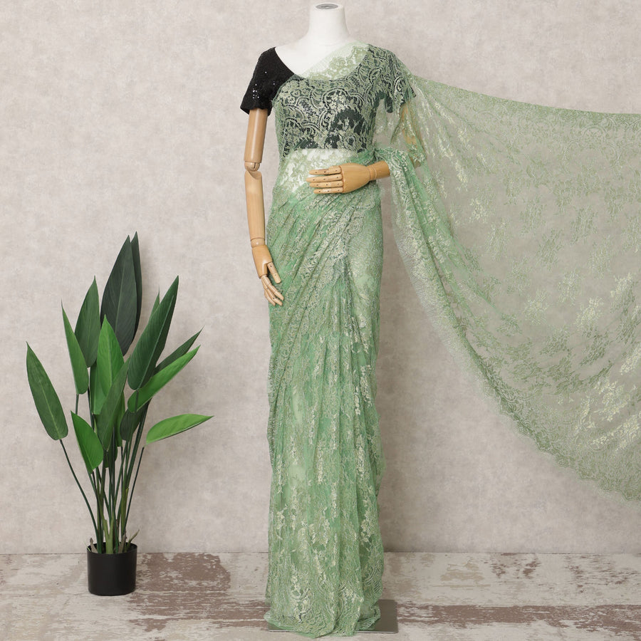 Mint Green Metallic French Chantilly Lace Saree, 5.5 Meters, 110 cm Wide-D21839
