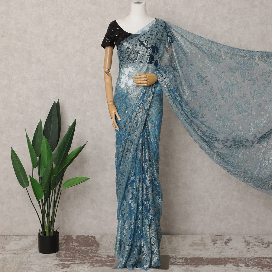 ساري فرنسي من الدانتيل باللون الأزرق المعدني، 5.5 متر، عرض 110 سم - D21841