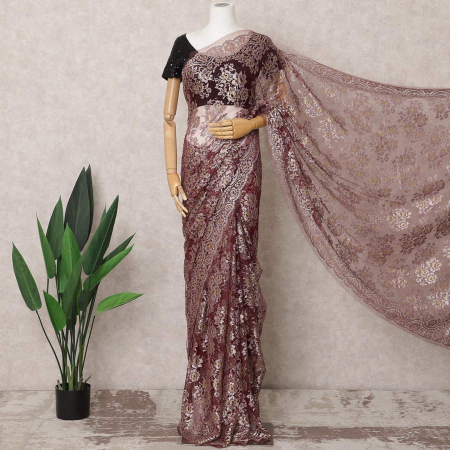 ساري فرنسي من الدانتيل باللون العنابي المعدني، بطول 5.5 متر، وعرض 110 سم - D21842