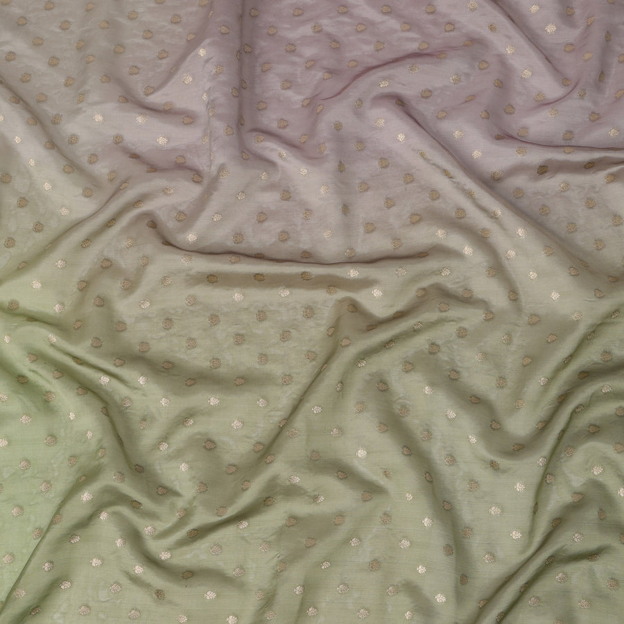 قماش حرير أورجانزا باللون الأخضر الباستيل والأرجواني بزخارف زاري ذهبية - عرض 110 سم - صنع في الهند - D22144