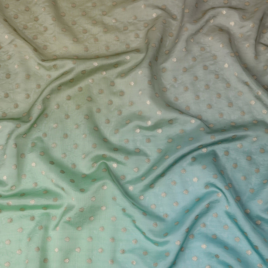 Aqua Green, Blue Silk Organza Fabric with Gold Zari Motifs – 110 cm Wide – Made in India-D22145