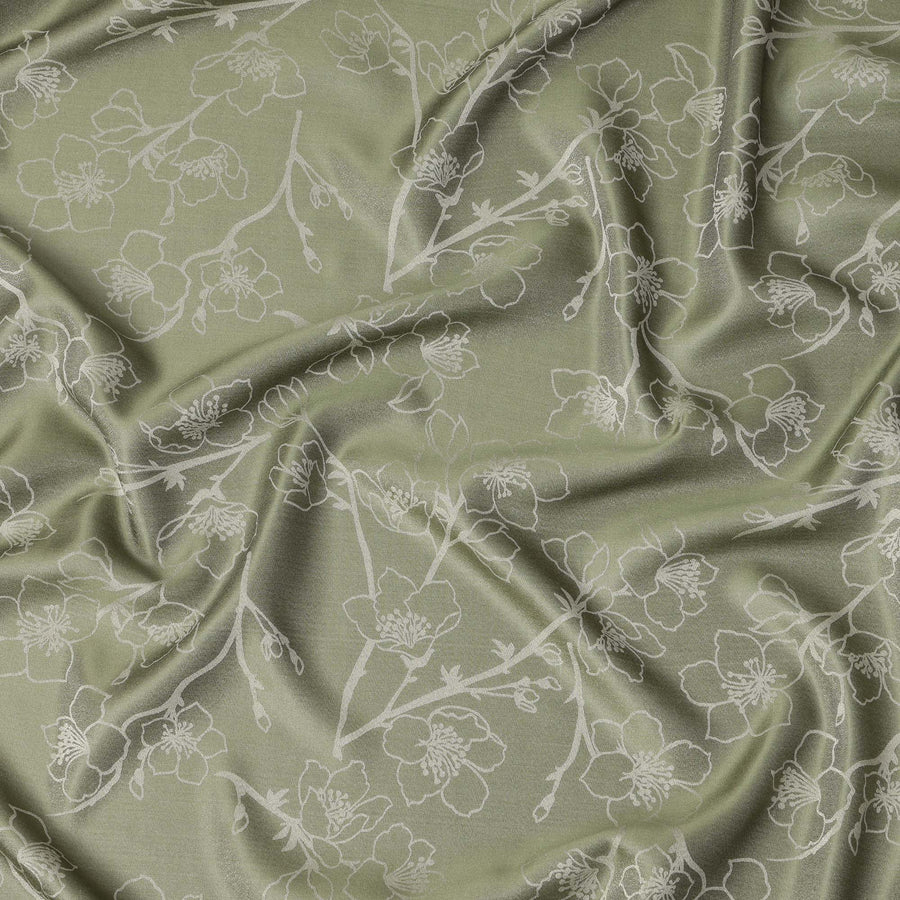 Olive Green Silk Satin Fabric with Metallic Film Floral Design – 110 cm Wide – South Korea-D22155
