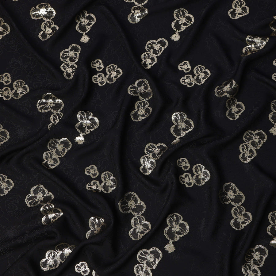 قماش ساتان حريري أسود بنقوش زهرية معدنية - عرض 110 سم - كوريا الجنوبية - D22159