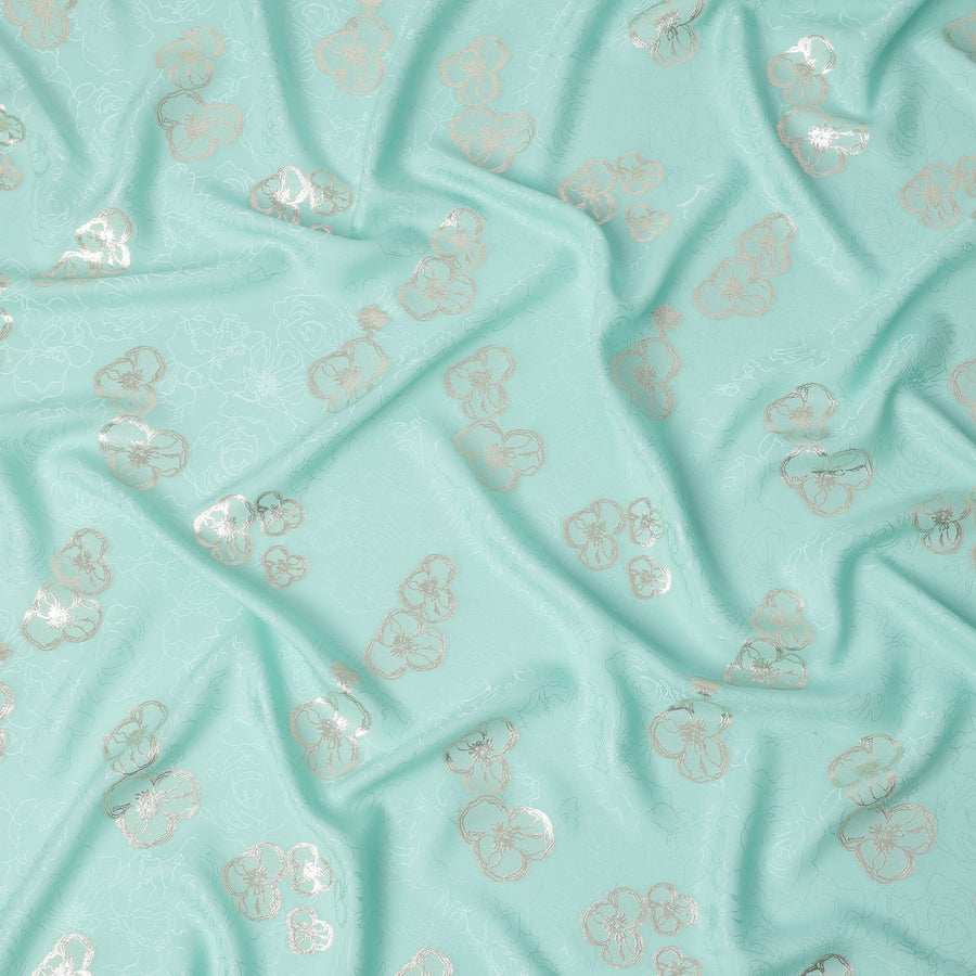 قماش ساتان حريري أزرق نعناعي بنقوش زهرية معدنية - عرض 110 سم - كوريا الجنوبية - D22162