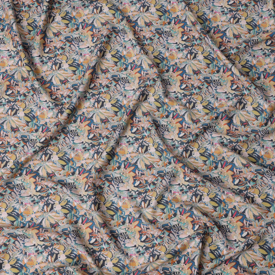 قماش ساتان قطني أزرق داكن متعدد الألوان بطبعة زهور تجريدية - عرض 110 سم، صنع في الهند - D22315