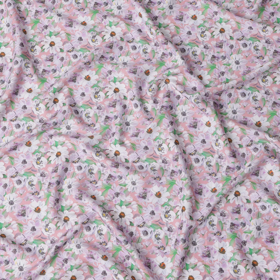 Pink White Daisy Floral Printed Cotton Satin Fabric – 110 Cms Wide, Made in India-D22316