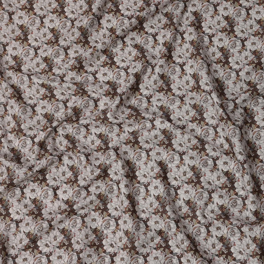 Brown Floral Printed Cotton Lawn Fabric with Vintage Rose Pattern, 110 Cms Width, Made in India-D22508