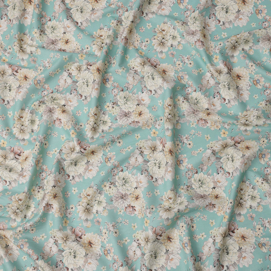 Mint Green Floral Cluster Printed Cotton Lawn Fabric with Beige and Blush Accents, 110 Cms Width, Made in India-D22512