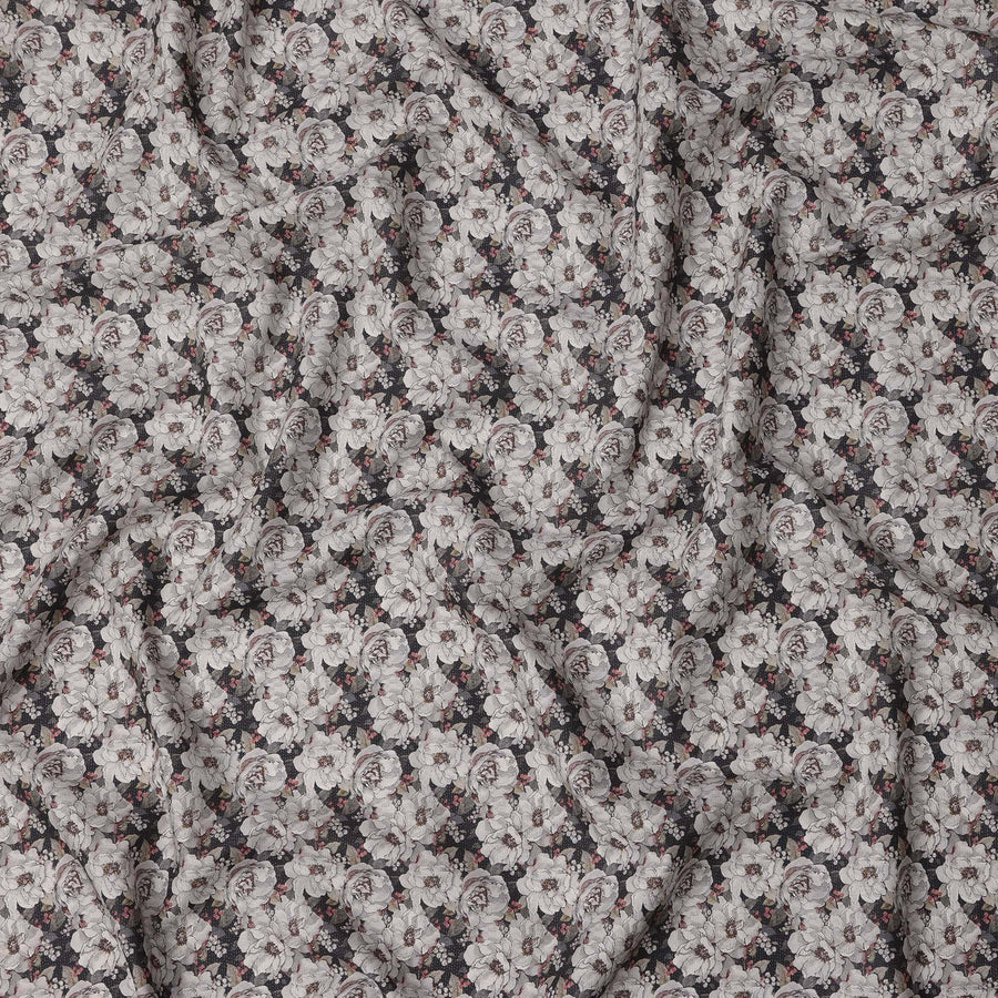 Charcoal Grey Vintage Floral Printed Cotton Lawn Fabric with White Rose Motifs, 110 Cms Width, Made in India-D22513