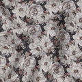 Charcoal Grey Vintage Floral Printed Cotton Lawn Fabric with White Rose Motifs, 110 Cms Width, Made in India-D22513