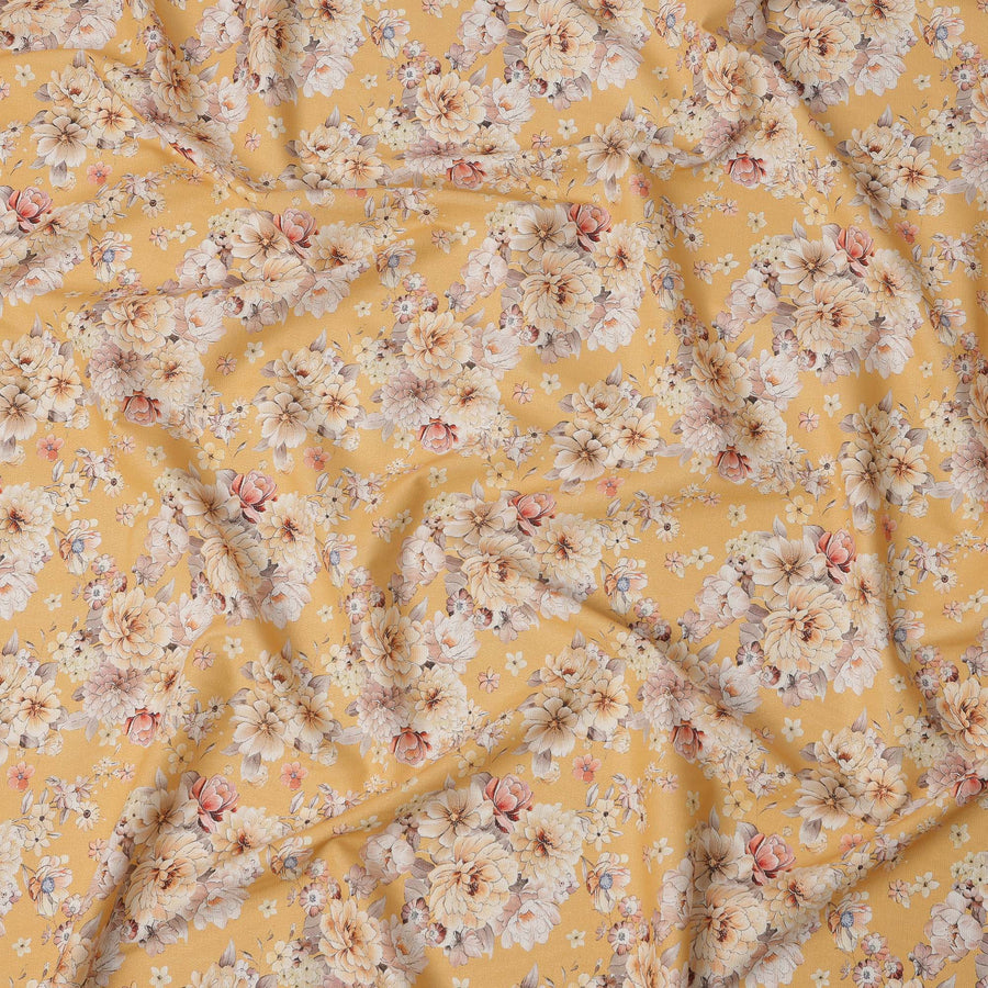 Mustard Yellow Floral Cluster Printed Cotton Lawn Fabric with Peach and Beige Tones, 110 Cms Width, Made in India-D22514