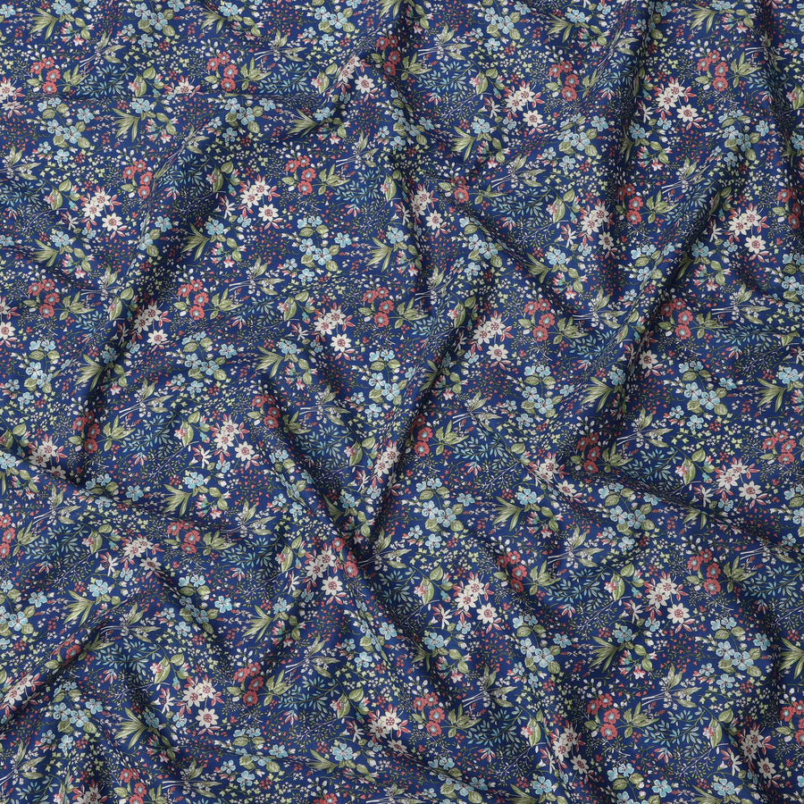 Navy Blue Multicolor Floral Printed Cotton Lawn Fabric with Dense Botanical Motifs, 110 Cms Width, Made in Japan-D22516