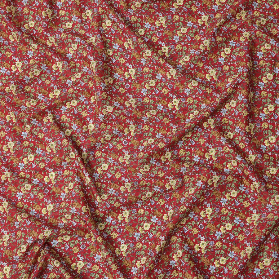 Crimson Red Floral Vine Printed Cotton Lawn Fabric with Yellow and Blue Blossoms, 110 Cms Width, Made in Japan-D22520