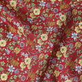 Crimson Red Floral Vine Printed Cotton Lawn Fabric with Yellow and Blue Blossoms, 110 Cms Width, Made in Japan-D22520