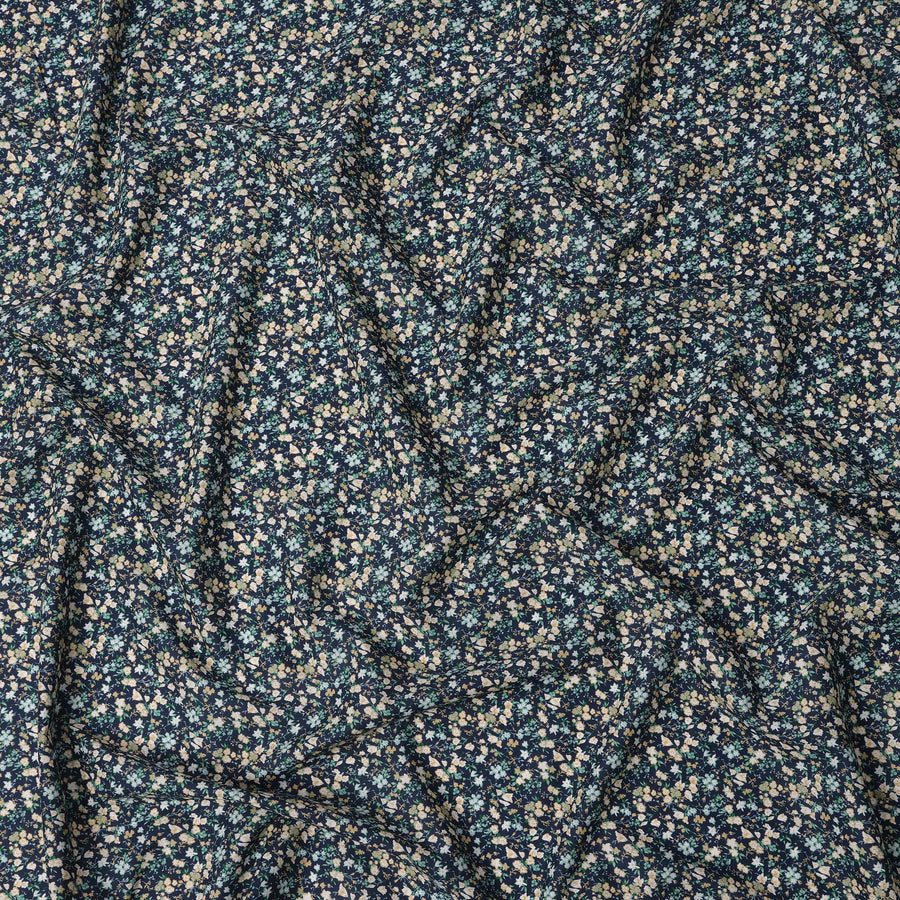 Navy Blue Dense Mini Floral Printed Cotton Lawn Fabric with Beige and Aqua Motifs, 110 Cms Width, Made in Japan-D22524