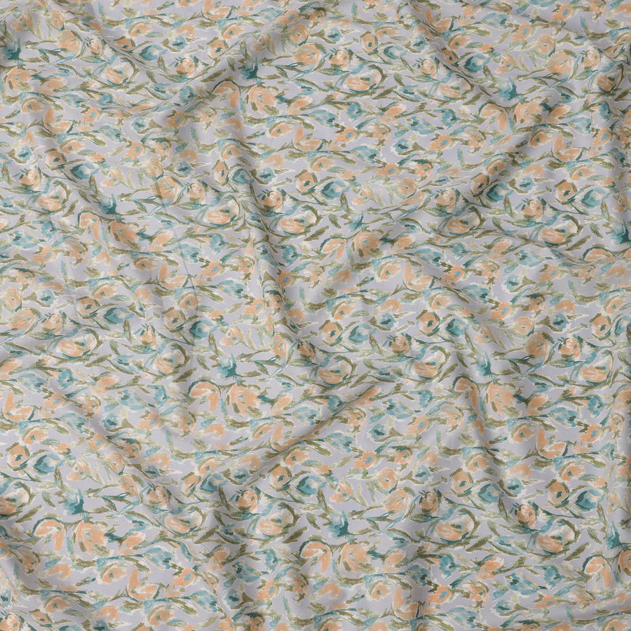 Soft Grey Watercolor Floral Printed Cotton Lawn Fabric with Peach, Teal, and Olive Accents, 110 Cms Width, Made in Japan-D22527