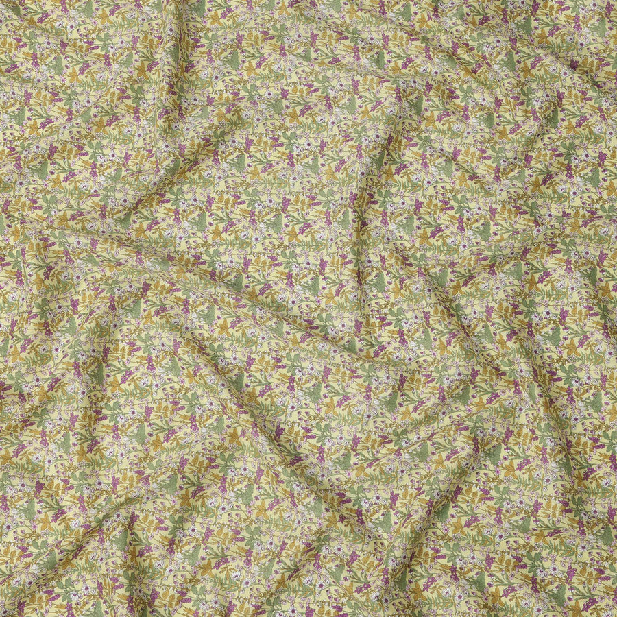 Light Olive Green Dense Botanical Printed Cotton Lawn Fabric with Mustard, Purple, and White Floral Accents, 110 Cms Width, Made in Japan-D22528