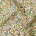 Light Olive Green Dense Botanical Printed Cotton Lawn Fabric with Mustard, Purple, and White Floral Accents, 110 Cms Width, Made in Japan-D22528