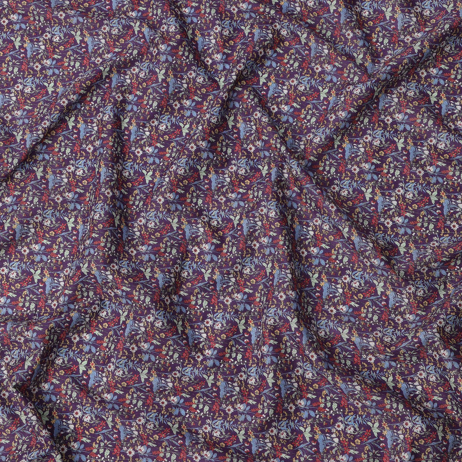 Deep Plum Multicolor Artistic Floral Printed Cotton Lawn Fabric with Blue, Red, and Beige Accents, 110 Cms Width, Made in Japan-D22529