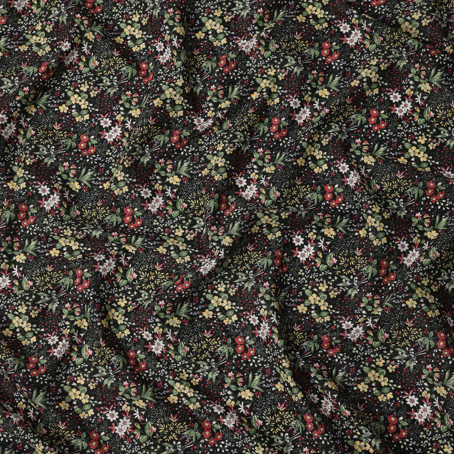 Black Base Multicolor Garden Floral Printed Cotton Lawn Fabric with White, Red, and Yellow Accents, 110 Cms Width, Made in Japan-D22530