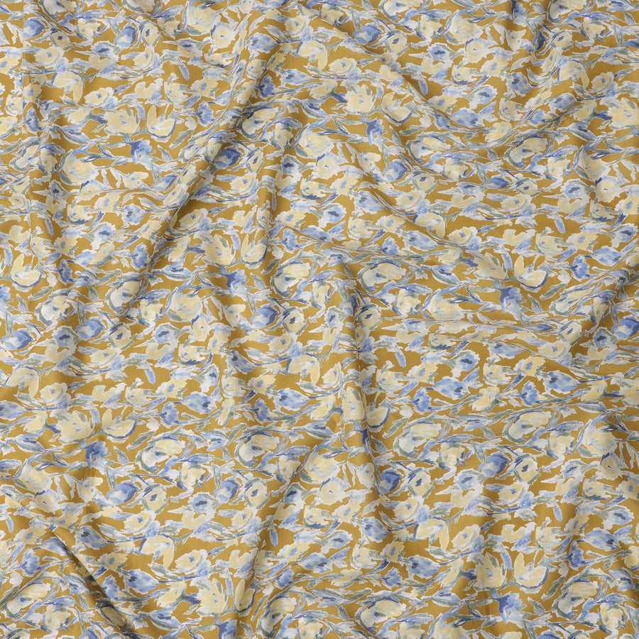 Mustard Yellow Watercolor Floral Printed Cotton Lawn Fabric with Blue and Ivory Brushstroke Blooms, 110 Cms Width, Made in Japan-D22531