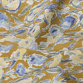 Mustard Yellow Watercolor Floral Printed Cotton Lawn Fabric with Blue and Ivory Brushstroke Blooms, 110 Cms Width, Made in Japan-D22531