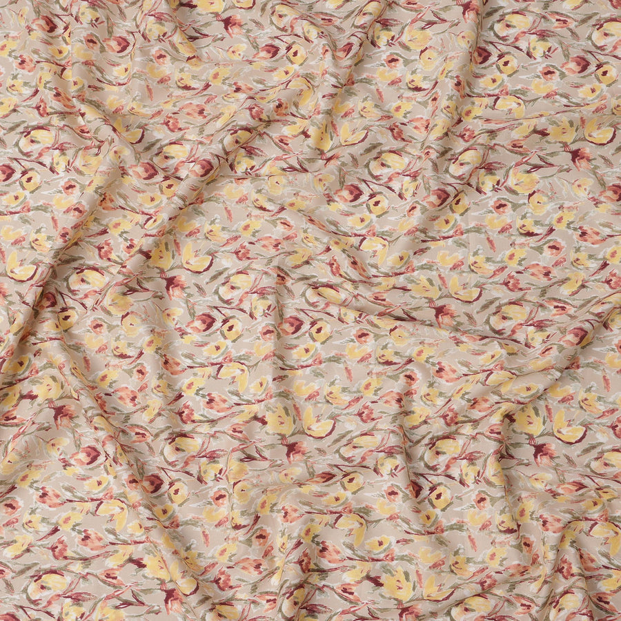 قماش قطني مطبوع عليه زهور مائية بقاعدة بيج مع زهور صفراء، وكستنائية، وزيتونية، بعرض 110 سم، صنع في اليابان - D22532