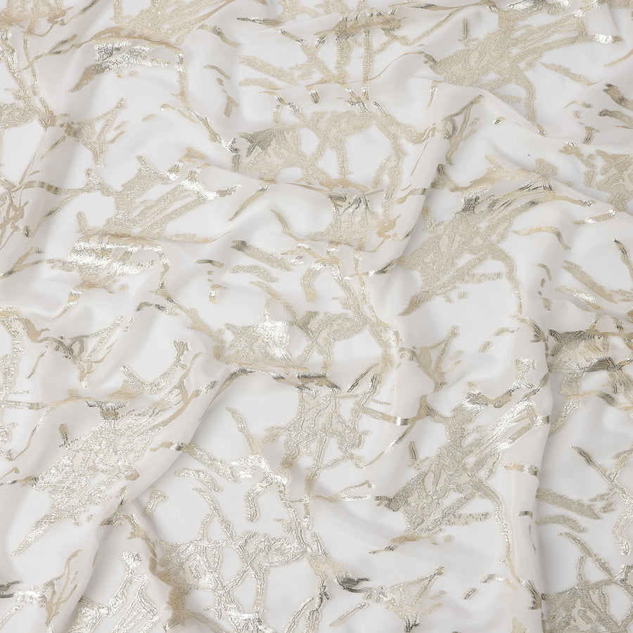 Ivory Silk Chiffon Fabric with Abstract Metallic Lurex Design, 110 Cms Width, Made in South Korea-D22563